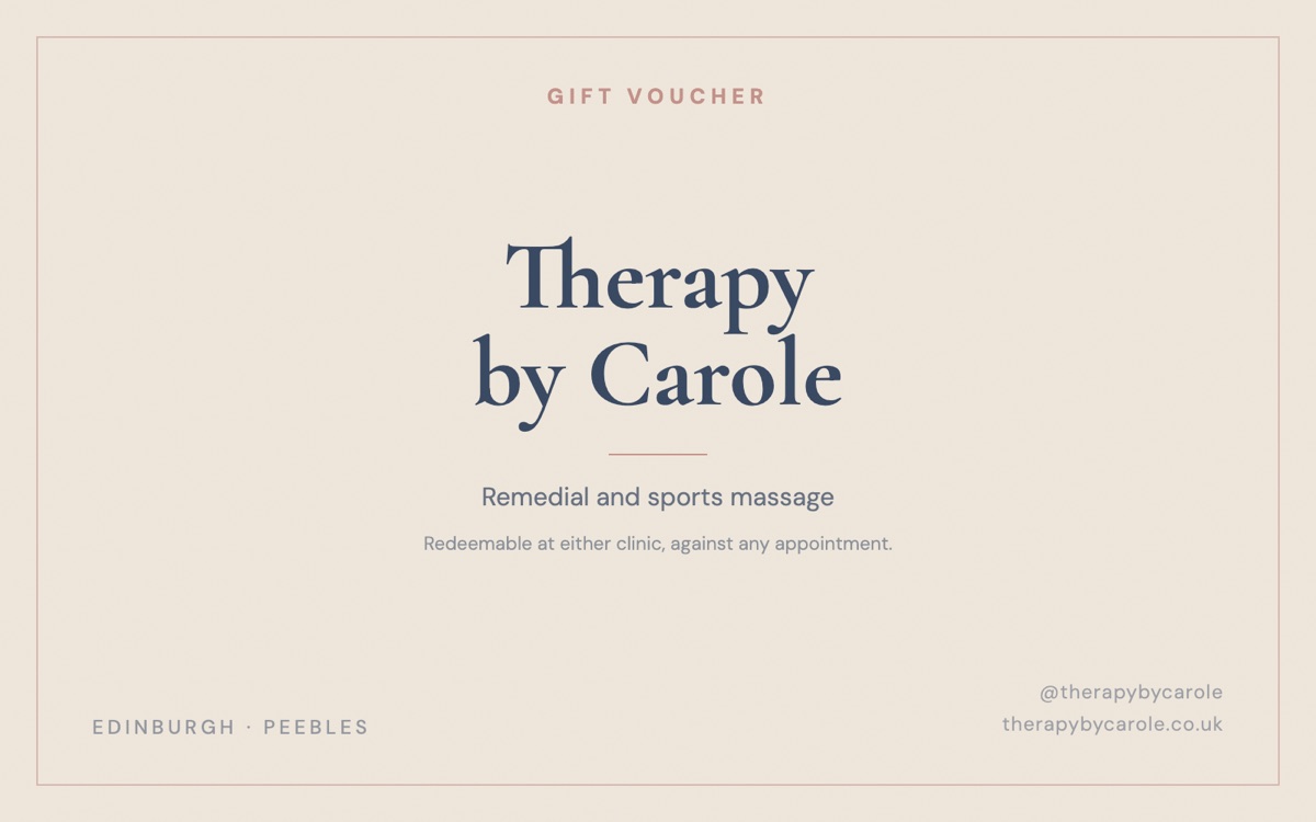 Therapy by Carole gift voucher: a bone-coloured card with a fine coral border and the Therapy by Carole wordmark, redeemable at either clinic.